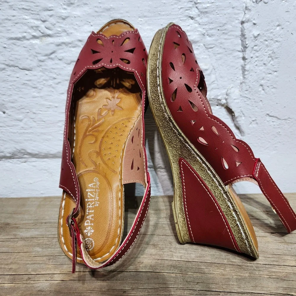Patrizia by Spring Step Red Wedge‎ Sandals Peep Toe Laser Cut Slingback Women 9